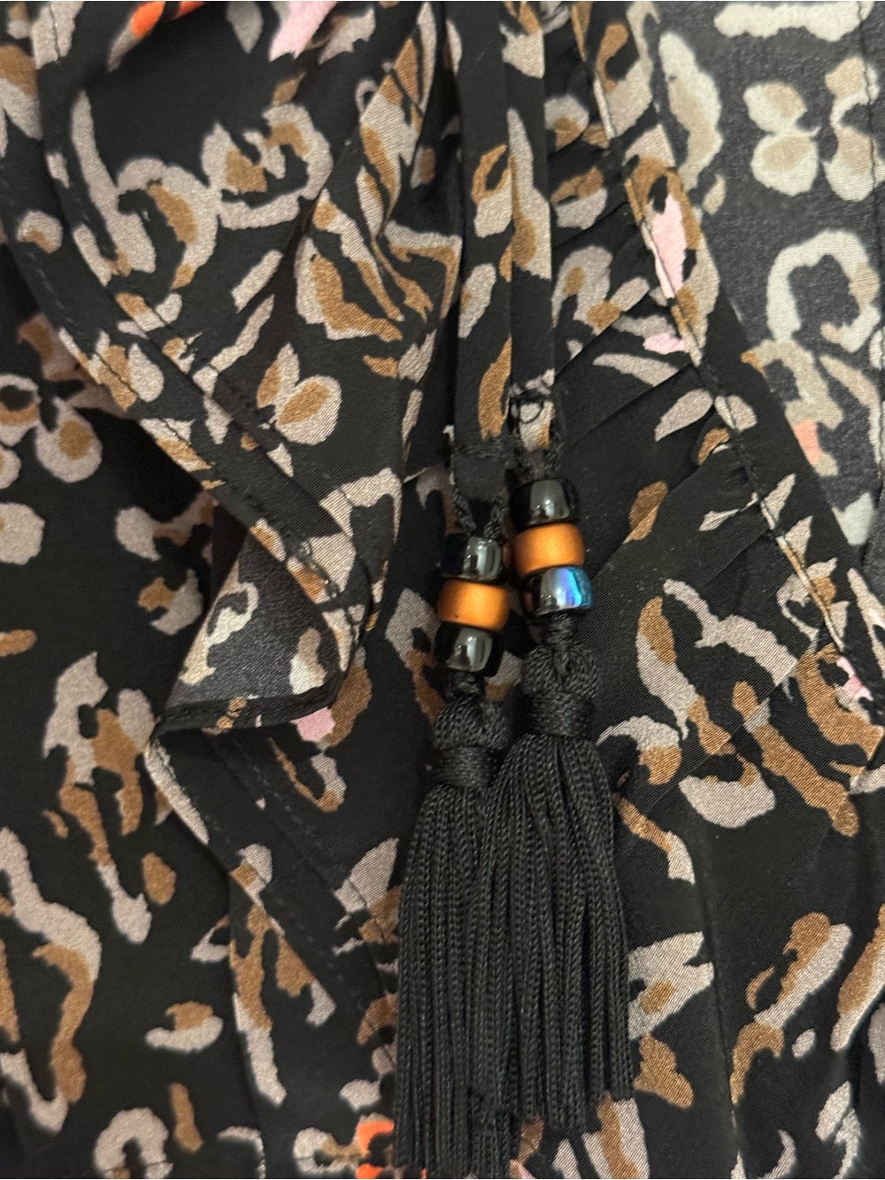 Mayle Black Floral Ruffle Tie-Front Blouse with Tassels - Picture 6 of 6